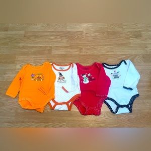 Bundle of 4 holiday long sleeve body suits with snap closure size 3-6,6-9 months